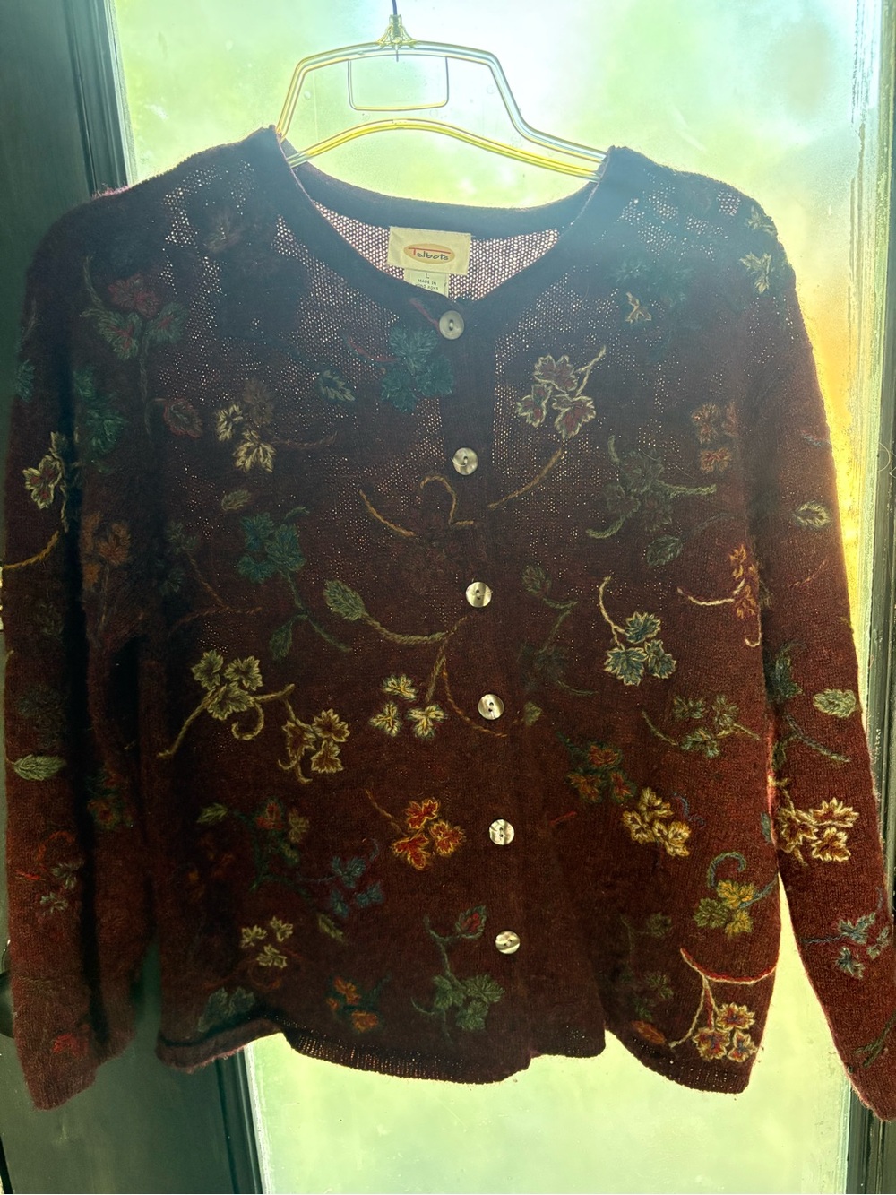 Talbots Burgundy Floral Embroidered Button-Front Cardigan Sweater